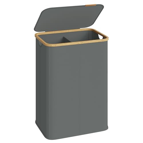SONGMICS Laundry Hamper, Laundry Basket with Lid, Foldable Storage Basket, Bamboo Frame, for Bedroom, Living Room, Oxford Fabric, 37 Gal. (140 L), Slate Gray ULCB519GN01 - color: Slate Gray, size: 140 L (2-Section)