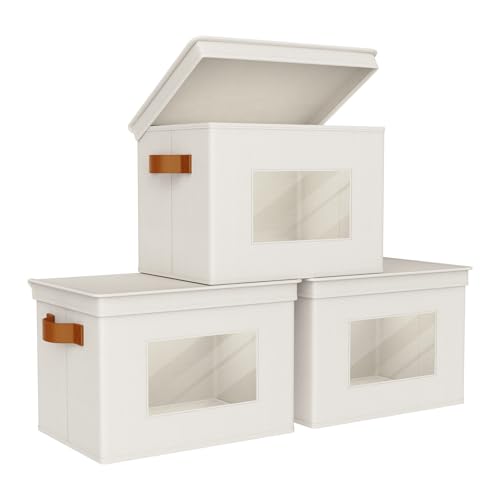 Univivi Storage Boxes with Lids Fabric Foldable Storage Bin for Clothes, [3-Pack] Closet Organizer Containers boxes with Handles for Home, Bedroom, Closet Storage (Beige,17” x 12” x 12") - color: Beige, size: 17''-3 Pack