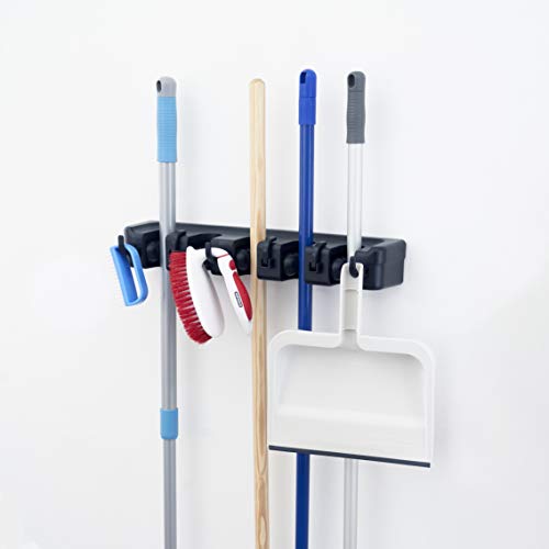 Superio Mop and Broom Holder 2 Pack Wall Mount Black Cleaning Tools Wall Organizer, 3 Rack Slots / 4 Hooks for Kitchen Closet, Garage, Garden, Office - color: Black, size: Large, 2-pack