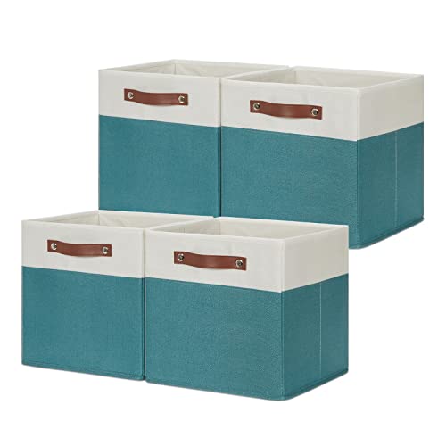 HNZIGE Storage Cubes Bins for Organization Set of 4, Fabric Storage Cube 12 x12, Collapsible Storage Bins Basket Cube with Handles, Canvas for Organizing Shelf Home Nursery(Teal White) - color: White, size: 12"x12"x12"-4pack