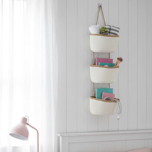 TeoKJ Over the Door Hanging Basket, 3-Tier Woven Cotton Wall-Mounted Storage Organizer Bag Decorative Hanging Nursery Baskets, White & Dark Brown - color: White & Dark Brown