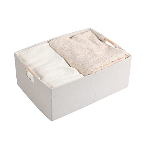 Fabric Storage Bin Box Foldable Cotton Linen Storage Basket with Wooden Handles Rectangular Cube Decorative Home Laundry Organizer Clothes Blanket Container - Beige, Small - color: Beige, size: Small