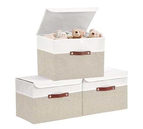 DECOMOMO Fabric Storage Bins with Lid, Storage Baskets for Shelves (Beige and White, 3 Pack) - color: Beige and White, size: Large