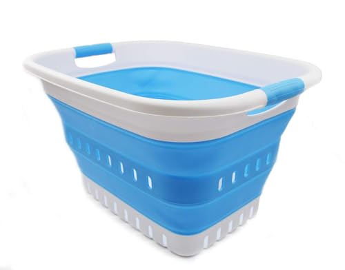 SAMMART 37L (9.77 gallon) Collapsible Plastic Laundry Basket - Foldable Pop Up Storage Container/Organizer - Space Saving Hamper/Basket (1, White/Marine Blue) - color: White/Marine Blue
