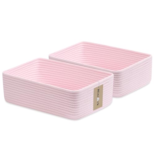 MiniArk Large Shallow Organizing Baskets 15x11x5.1 Inches - Rope Woven Storage Bins for Bathroom, Shelves, Cube Closet, Light Pink 2 Packs - color: Light Pink, size: 2pcs-L15×W11×H5.1"