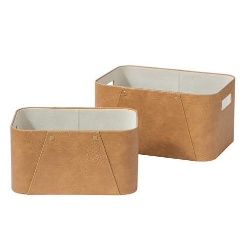 LA JOLIE MUSE Storage Baskets for Organizing, 2 Pack, Storage Cube Boxes Luxury Brown Vegan Leather for Closet Shelf Cabinet Bookcase Camel - color: Camel