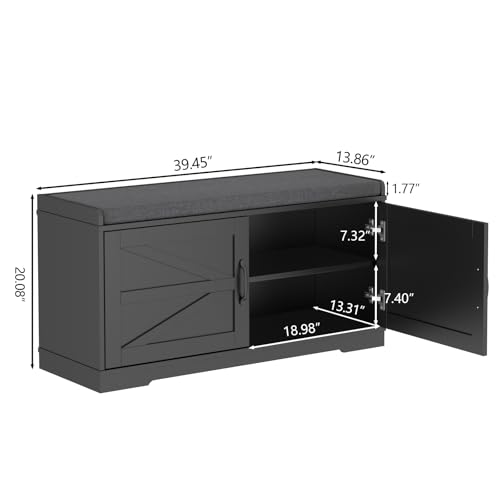 Loomie Shoe Storage Bench, 2-Tier Farmhouse Entryway Bench with Padded Seat Cushion, 13.78" D x 39.37" W x 19.69" H, Slim Shoe Cabinet Bench for Entryway, Living Room, Bedroom (Black) - color: Black