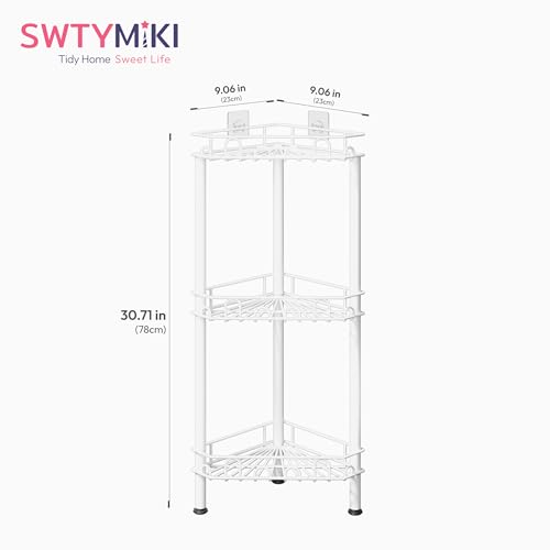 SWTYMIKI Standing Shower Caddy Corner - 3‑Tier Stainless Steel Shower Organizer Shelf with 12 Hooks and Adhesive Pads, Rustproof Corner Shelves Stand Rack for Bathroom Shower Room, white - color: White