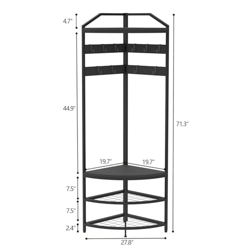 GiftGo Corner Hall Tree with Shoe Bench Entryway Coat Rack with 10 Metal Movable Hooks Freestanding Clothes Rack Shoes Shelf Organizer for Home Office Bedroom (Black) - color: Black