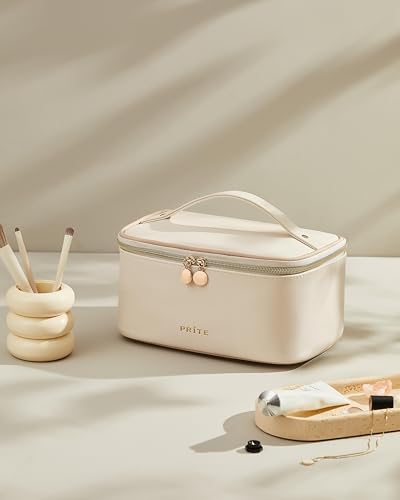 Prite Makeup Bag, Large Capacity Portable Travel Cosmetic Bag, Waterproof Makeup Organizer for Women with Handle and Divider (001 Beige) - color: 001 Beige