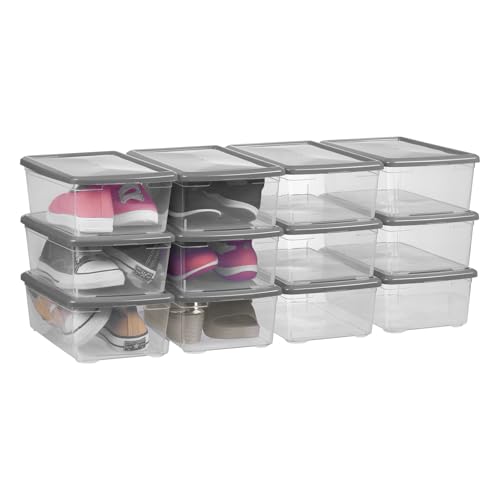 Clear Shoe Boxes Plastic Storage Bins with Latching Lid Rectangular Storage Boxes Durable See-Through Lidded Shoe Boxes for Art Supplies and Home (Grey) - color: Grey