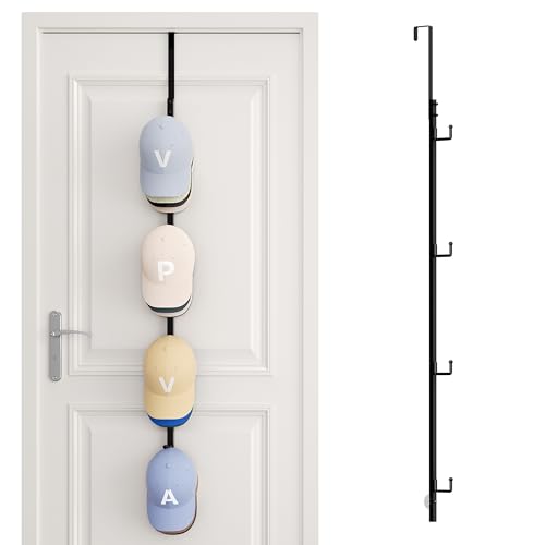 SWTYMIKI Over Door Hat Rack - Hat Organizer with 4 Hooks Design, Hanging Baseball Cap Organizer Storage Holds Up to 20 Caps for Door, Bedroom, Closet (Black) - color: black, size: 1 Pack