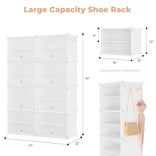Shoe Rack 8 Tier Shoe Storage Cabinet with Door 32 Pair Tall Shoes Rack Organizer Free Standing Expandable Stable Plastic Easy Assembly Shoes Shelf for Closet Hallway Entryway Bedroom White - size: 24" Wide-32 Pairs