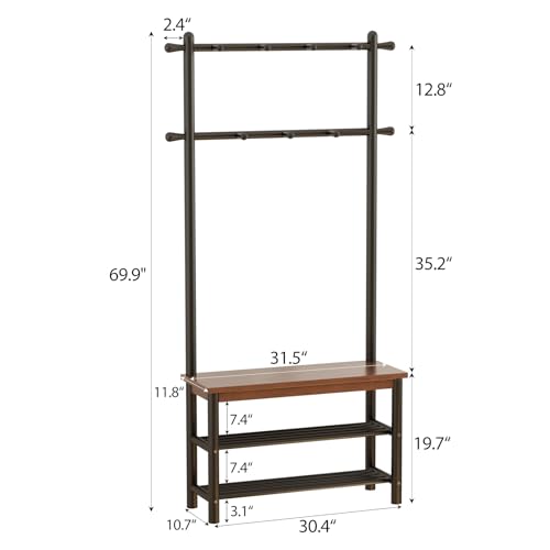 Coat Rack with Shoe Storage, Wood and Metal Frame, Entryway Hall Tree with Bench, Featuring 11 Hooks and 2-Tier Storage Shelves, 3-in-1, Entry Bench with Coat Rack (31.5" Walnut) - size: 80
