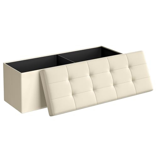 SONGMICS MAZIE Collection - 43 Inches Folding Storage Ottoman Bench, Ottoman Foot Rest, End of Bed Bench, Storage Chest, Load 660 lb, for Living Room, Bedroom, Entryway, Cream White ULSF77BE - color: Cream White, size: 15"D x 43"W x 15"H
