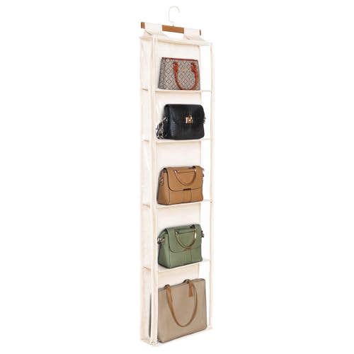 Syeeiex Hanging Handbag Purse Organizer with Zippers, 5 Mesh Shelves,Clear Slubbed Fabric+PVC Hanging Closet Bag Organizer, Dustproof Handbag Closet Tote Storage Bag for Door, Wardrobe, Beige - color: Beige-5 Shelves