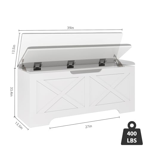 DreamDashio Farmhouse Storage Bench with Lift Top Storage, 39.4" Entryway Bench with Cushioned Seat, End of Bed Bench, Wooden Storage Chest Trunks, for Bedroom, Living Room, Entryway, White
