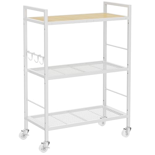 3-Tier Metal Storage Rack with Industrial Wheels,Mesh Shelving Unit with Wooden Table top,Adjustable Shelf,23.6-Inch Width,for Kitchen,Laundry,Pantry,Plant,Oak panel and white frame - color: Oak Panel, size: 3 Tier (23.6"W x 11.8"D)
