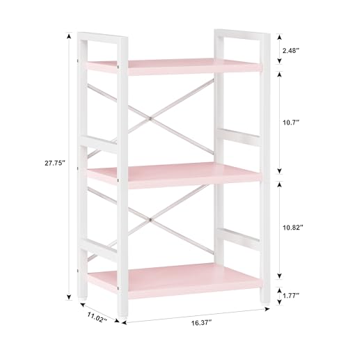 Homeiju Pink Bookshelf, 3 Tier Industrial Bookcase, Metal Small Bookcase, Rustic Etagere Book Shelf Storage Organizer for Living Room, Bedroom, and Home Office(Pink) Patent Pending D29873033 - color: Pink, size: 3 Tier