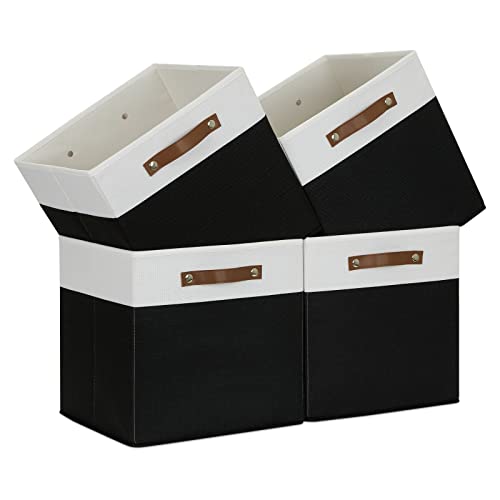 Temary Fabric Storage Bin 4 Pack Cube Storage Bin for Shelf Fabric Cube Storage Basket 13 Inch Cube Storage Bins Foldable Storage Cubes with Leather Handles(White&Black) - color: White&Black, size: 13×13×13