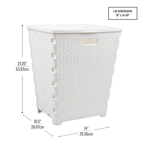 Mind Reader 61L Foldable Laundry Hamper, Clothes Basket, Lid, Wicker Design, Plastic, 18"L x 14.5"W x 21.25"H, White - color: White