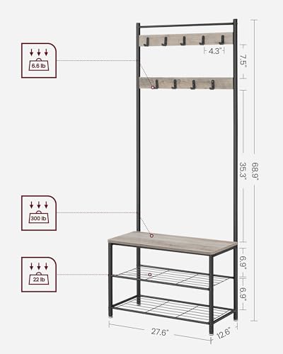 VASAGLE Coat Rack, Hall Tree with Shoe Storage Bench, Entryway Bench with Shoe Storage, 3-in-1, Steel Frame, for Entryway, 12.6 x 27.6 x 68.9 Inches, Industrial, Greige and Black UHSR41MB - color: Greige + Black, size: 27.6"W