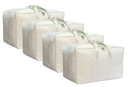 DoYiKe Soft Large Canvas Storage Bags with Zipper and Clear Window, Cotton Linen Storage Organizer for Pillows, Quilt, Blankets and Comforter, 80L, 4 Pack, Beige - color: Beige, size: 80L - 4 Pack