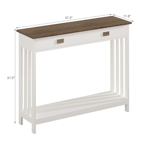 ChooChoo 47" Farmhouse Entryway Table with Drawer, Narrow Console Table with Storage Shelf, Sofa Table for Living Room, Entryway, and Hallway, White and Brown - color: White&brown, size: 11.8"D x 47.2"W x 31.5"H