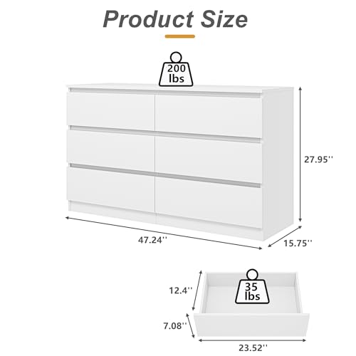 Spaco White 6 Drawer Dresser for Bedroom,48'' Modern Dresser with Deep Drawer,Wide Storage Chest of Drawers,Bedroom Storage Organizer Furniture,TV Stand for Living Room - color: White, size: 6 Drawers