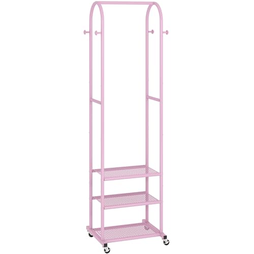 Kaitiemoo Heavy Duty Clothing Rack with Wheels,Modern Garment Rack with 3 Metal Shelves, 71.8Inches Display Rack for Hanging Clothes, Hanging Rod for Small Space,Pink - color: Pink