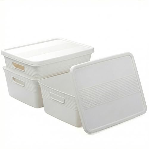 BINO | Plastic Storage Bins with Lids, 13 Liter - 3 Pack, White | THE BRAIDED COLLECTION | Plastic Bins for Organization Woven Storage Baskets for Organizing Pantry Shelf Organizer Basket Bin - color: White, size: 13L | 3-Pack
