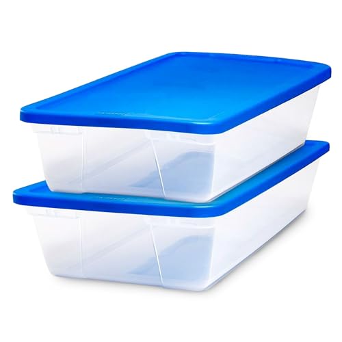 HOMZ 2-Pack Snaplock, Large Clear Plastic Storage Organizer Bins w/Lids, 41 Quart, Blue - Stackable Container Boxes for Bedroom, Bathroom, Garage, and Office Organization - color: Blue Lid, size: 41 QT (2 Pack)