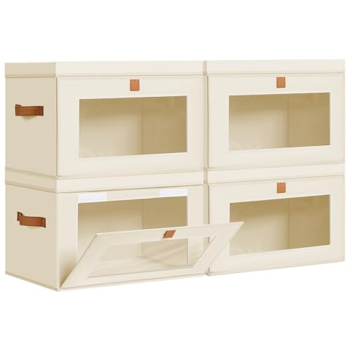 DIMJ Storage Bins with Lids - 4 Pack Large Fabric Closet Organizer with Window & Handles, Collapsible Decorative Storage Boxes for Shelves Under Bed, Books Clothes Blankets Sweaters Organization - color: Beige, size: Large-4 Pack