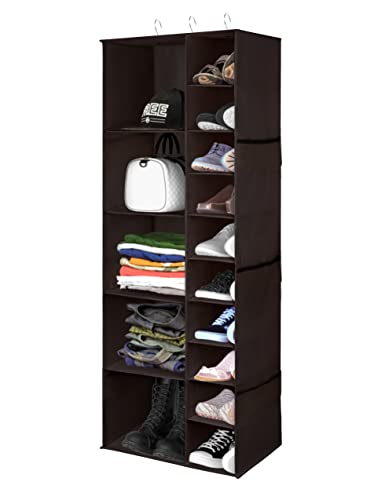 Libeder Shoe Organizer for Closet, 15 Shelf Hanging Closet Storage Shelves - 10 Shoe Rack Organizer and 5 Compartment for Clothes with 6 Side Mesh Pockets for Scarf, Socks,Gloves Coffee - color: Coffee