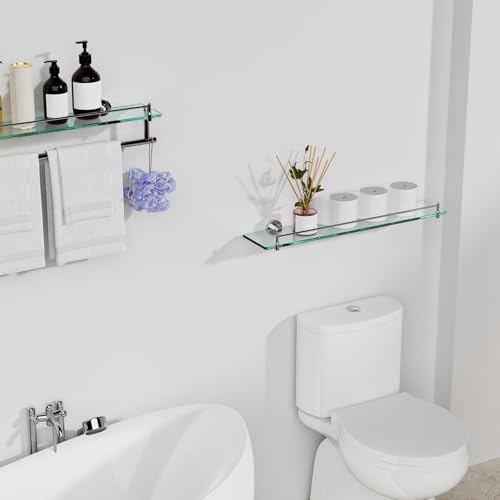24 Inch Glass Bathroom Shelves,Chrome Polished Floating Shelves for Wall Rectangular Modern Stainless Steel Glass Shelf for Bathroom Shelves Wall Mounted - color: Chrome Polished, size: 24"with railing