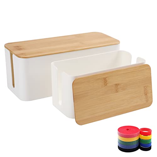 Cable Management Box Organizer, Set of 2 Bamboo Lid Large Storage Wire Holder to Conceal Hide Surge Protector, Power Strips Cord on Desk Floor, with 5 Cables Tape for Home Office Computer TV USB Hub - size: 2 Pack (L+M)