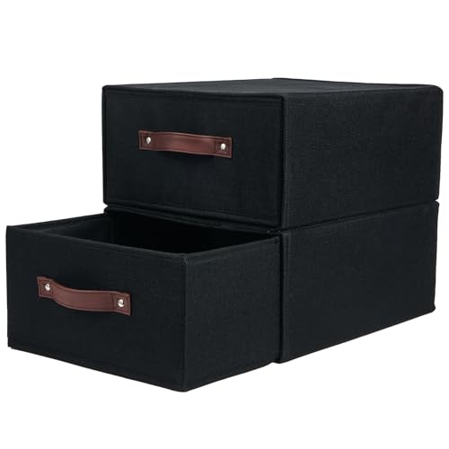 2PCS Closet Drawer Organizer Stackable Fabric Storage Boxes Bins Baskets with Lid PU Leather Handles Foldable Washable Cotton Linen Wardrobe Shelf Cloth Towels Container (Black, Large) - color: Black, size: Large ( Set of 2 )