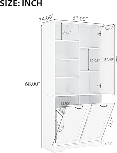 Virubi Tall Bathroom Laundry Hamper Cabinet with 2 Tilt Out Hamper, Wood Tall Bathroom Laundry Room Storage Cabinet with Adjustable Shelves, Freestanding (Black) - color: Black, size: 31"x14"x68"