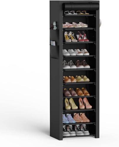 VTRIN Vertical Narrow Shoe Rack Organizer 10 Tier Tall Shoe Shelf Holds 20-22 Pairs with Non-Woven Dustproof Cover for Closet, Entryway Black - color: Black, size: 17.7"W x11.8"D x 68.9"H