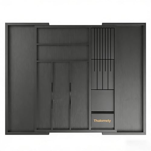 Bamboo Kitchen Drawer Organizer, Expandable Silverware Organizer with Removable Knife Block, 6-8 Slots- Utensil Holder & Cutlery Tray Drawer Dividers, 2.36" Deep for Extra Capacity, Black - color: Black