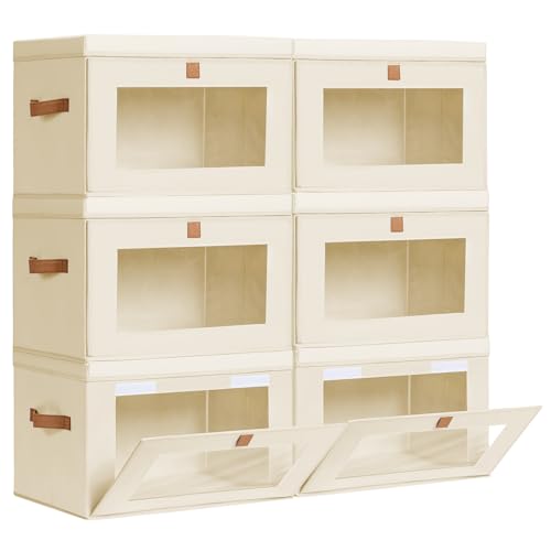 Homsorout Large Closet Storage Bins - Collapsible Clothing Organizer with Handles & Window, Decorative Bin with Lids, Linen Closet Organizers for Living Room, Dorm, 6 Pack, Beige - color: Beige, size: Large - 6 Pack