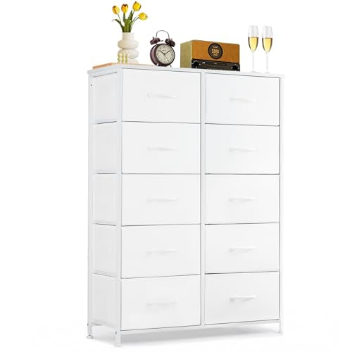 10-Drawer Dresser for Bedroom, Anti-Tip Tall Storage Organizer Chest of Drawers with Wooden Top and Metal Frame Fabric Bins for Closet, Living Room, Hallway, Entryway, White - color: White, size: 11.8"D x 31.4"W x 45.6"H (10 Drawers)