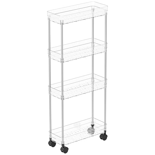 Yieach Clear 4 Tier Slim Rolling Storage Cart with Wheels,6.3″W Thin Shelf,Bathroom Storage Cabinet,Skinny Laundry Cart,Narrow Laundry Room Cart Between Washer and Dryer,Skinny Shelves for Small Space - style: 4 Tier