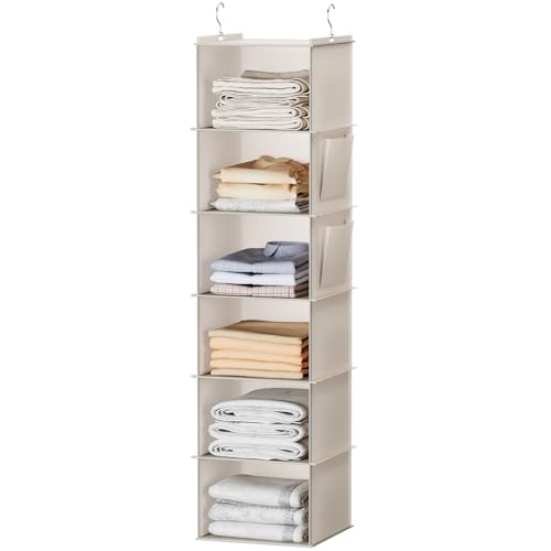 YOUDENOVA Hanging Closet Organizer, 6-Shelf Closet Hanging Storage with Side Pockets, Beige - color: Beige