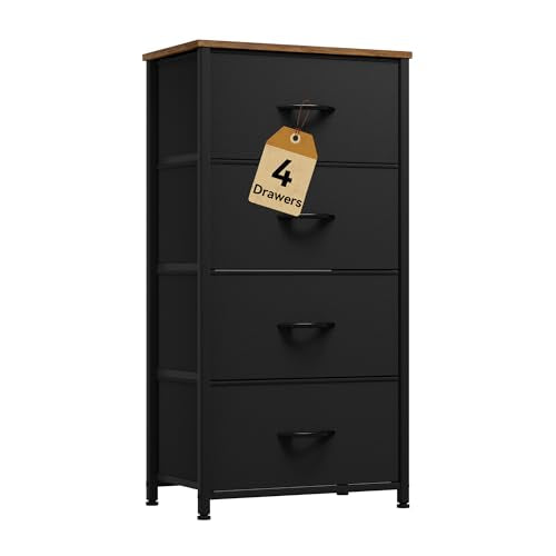 DWVO Dresser with 4 Drawers - Fabric Storage Tower, Organizer Unit for Room, Living Room, Hallway, Closets - color: Black and Rustic Brown, style: 4-Drawer