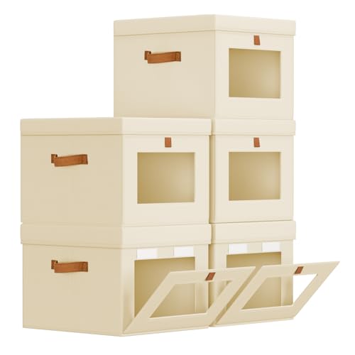 Homsorout Storage Bins with Lid – Closet Organizer with Side Opening and Clear Window, Foldable Stackable Fabric Basket for Clothes, Home, Office - 13.77" x 11.8" x 9.8", 5 Pack, Beige - color: Beige, size: 13.7 Inch-5 Pack