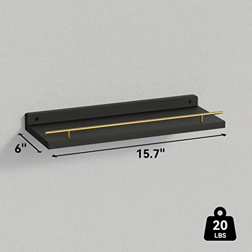 WOPITUES Floating Shelves with Gold Metal Guardrail, Shelves for Wall Decor Set of 3, Wall Shelves for Bedroom, Bathroom, Kitchen, Living Room, Plants, Picture Frames, Art- Black and Gold - color: Black and Gold, size: 15.7 inch