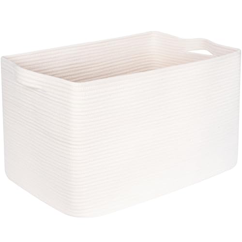 MINTWOOD Design 22in Extra Large Blanket Basket Holder Living Room, Rectangle Rope Woven Storage Basket with Handles for Laundry, Pool Towels, and Shoes, Dog Toy Organizer Bin Box, Creamy White - color: Creamy White