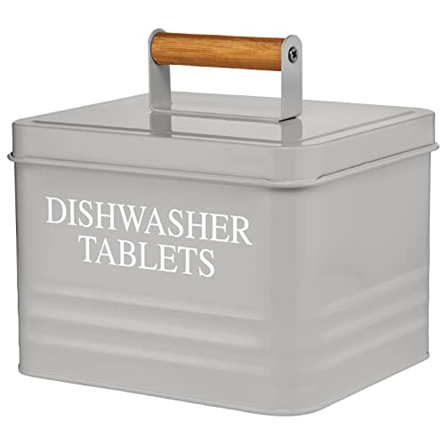Calindiana Modern Farmhouse Metal Dishwasher Pods Container with Lid for Kitchen Organization and Storage, Kitchen Essentials Decor Accessories, Dishwasher Pods Holder, Grey - color: Grey
