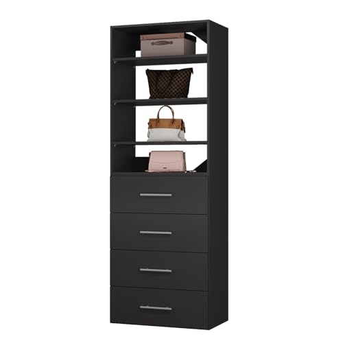 ROOMTEC Modular Closet System, 31.5" 4 Drawer Shelf Closet Tower Wall-Mounted Closet Organizer, Wooden Tower for Walk-In Closets, Wardrobe Storage Kit, Black - size: 31.5" Wide, style: Model 8